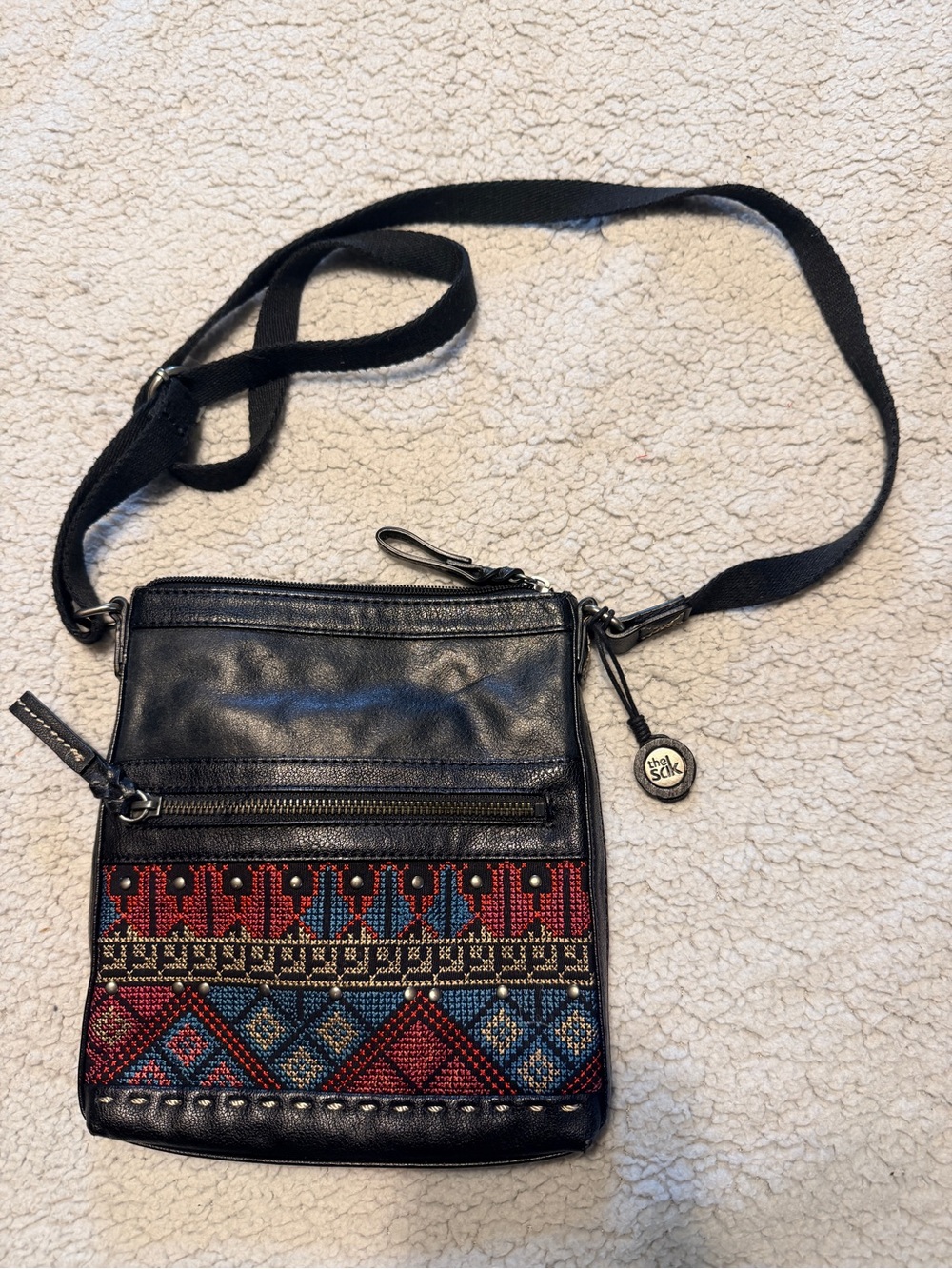 The Sak Black Leather Crossbody with Multicolor Geometric Embroidery